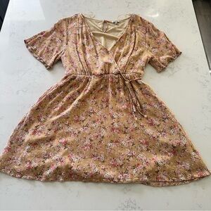 Camellia Floral Wrap Short-Sleeve Dress in Mustard with Pink Blooms